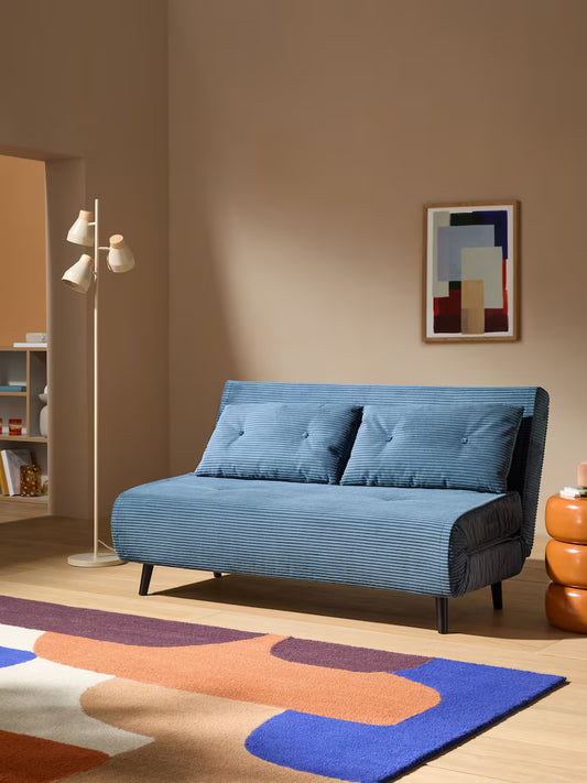 Large Haru 2 Seater Sofa Bed in Steel Blue Corduroy